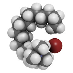 Cetrimonium bromide antiseptic surfactant molecule. 3D rendering. Atoms are represented as spheres with conventional color coding: hydrogen (white), carbon (grey), nitrogen (blue), bromine (brown).