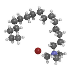 Cetrimonium bromide antiseptic surfactant molecule. 3D rendering. Atoms are represented as spheres with conventional color coding: hydrogen (white), carbon (grey), nitrogen (blue), bromine (brown).
