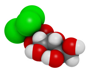Chloralose rodenticide molecule. 3D rendering. Atoms are represented as spheres with conventional color coding: hydrogen (white), carbon (grey), oxygen (red), chlorine (green).