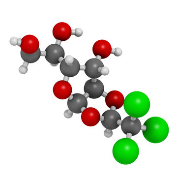 Chloralose rodenticide molecule. 3D rendering. Atoms are represented as spheres with conventional color coding: hydrogen (white), carbon (grey), oxygen (red), chlorine (green).