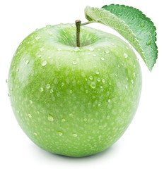 Ripe green apple with water drops on it.