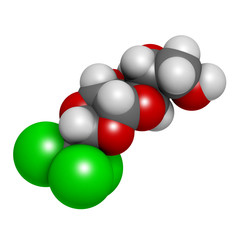 Chloralose rodenticide molecule. 3D rendering. Atoms are represented as spheres with conventional color coding: hydrogen (white), carbon (grey), oxygen (red), chlorine (green).