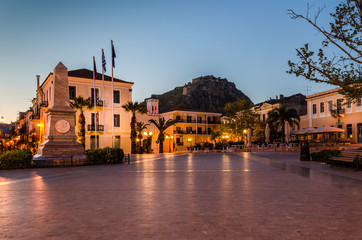 Fototapeta na wymiar The historic square of the city of Nafplio located in the old town.The castle of Palamidi in the background.
