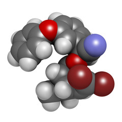 Deltamethrin insecticide molecule (synthetic pyrethroid). 3D rendering. Atoms are represented as spheres with conventional color coding.