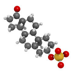 Dehydroepiandrosterone sulfate (DHEA-S) natural hormone molecule. 3D rendering. Atoms are represented as spheres with conventional color coding.