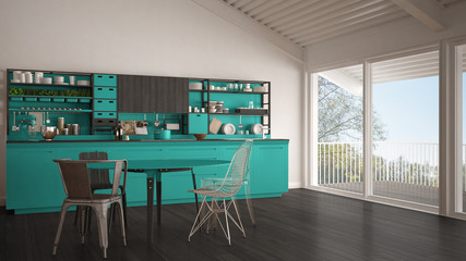 Minimalist white and turquoise wooden kitchen, big panoramic window, classic scandinavian interior design