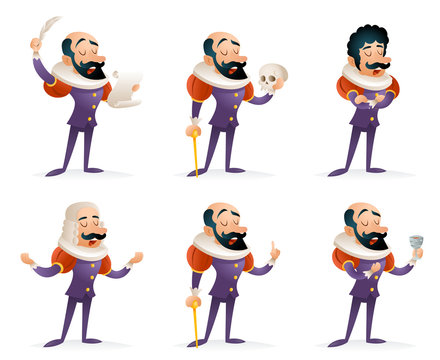 Actor Theater Stage Man Characters Medieval Different Actions Icons Set Cartoon Design Template Vector Illustration