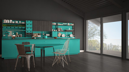 Minimalist gray and turquoise wooden kitchen, big panoramic window, classic scandinavian interior design