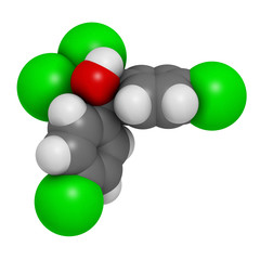 Dicofol organochlorine pesticide molecule. 3D rendering. Atoms are represented as spheres with conventional color coding: hydrogen (white), carbon (grey), oxygen (red), chlorine (green).