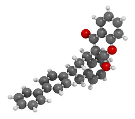 Difenacoum rodenticide molecule (vitamin K antagonist). 3D rendering. Atoms are represented as spheres with conventional color coding: hydrogen (white), carbon (grey), oxygen (red).