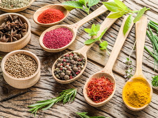 Assortment of colorful spices in the wooden spoons.