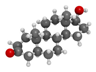 Dihydrotestosterone (DHT, androstanolone, stanolone) hormone molecule. 3D rendering. Atoms are represented as spheres with conventional color coding: hydrogen (white), carbon (grey), oxygen (red).