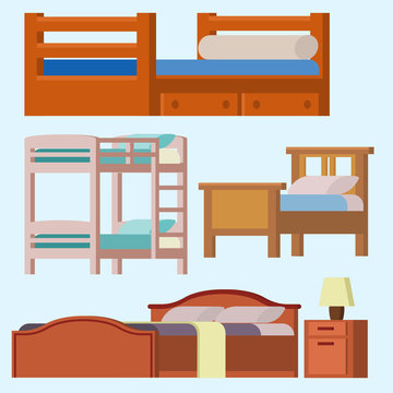 Vector bed icon set interior home rest collection sleep furniture comfortable night illustration.