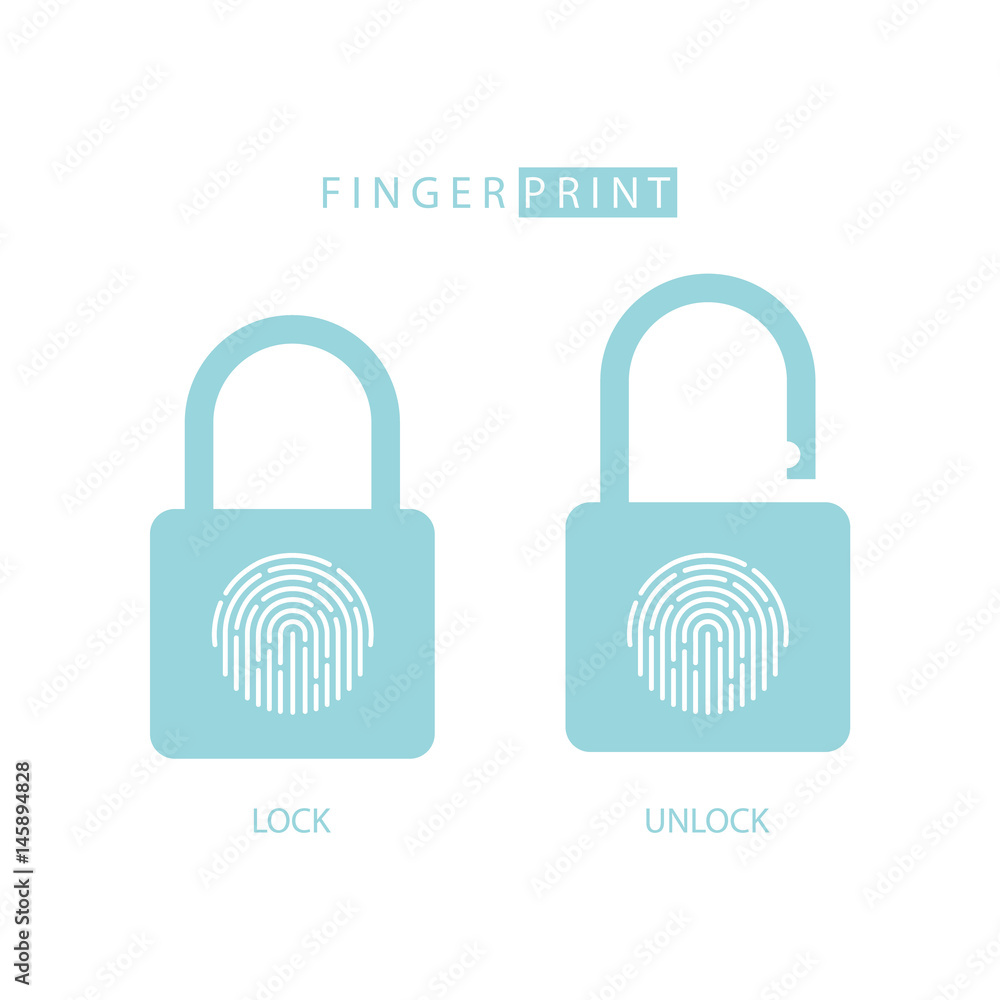 Poster Padlock with fingerprint touch ID. Lock and unlock. Concept password, blocking, security. Vector illustration.