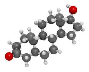 Drostanolone anabolic steroid molecule. 3D rendering. Atoms are represented as spheres with conventional color coding: hydrogen (white), carbon (grey), oxygen (red).