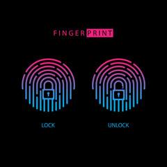 Fingerprint touch ID icon with padlock sign. Lock and unlock. Concept personal access protection, password, blocking, security. Vector illustration.