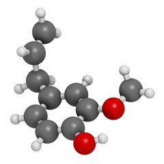 Eugenol herbal essential oil molecule. Present in cloves, nutmeg, etc. 3D rendering. Atoms are represented as spheres with conventional color coding: hydrogen (white), carbon (grey), oxygen (red).