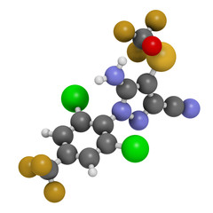 Fipronil insecticide molecule. 3D rendering. Atoms are represented as spheres with conventional color coding.
