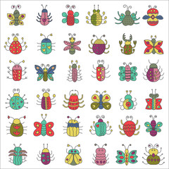 Color flat line insects icons set. Butterfly, bugs collection.