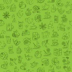 Tea seamless background with thin line icons - green tea pattern
