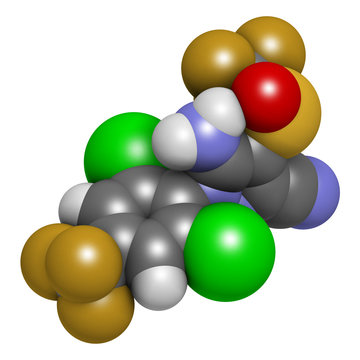 Fipronil insecticide molecule. 3D rendering. Atoms are represented as spheres with conventional color coding.