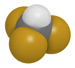 Fluoroform greenhouse gas molecule. 3D rendering. Atoms are represented as spheres with conventional color coding: hydrogen (white), carbon (grey), fluorine (gold).