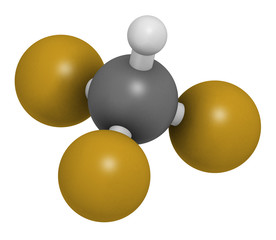 Fluoroform greenhouse gas molecule. 3D rendering. Atoms are represented as spheres with conventional color coding: hydrogen (white), carbon (grey), fluorine (gold).