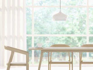 Modern white dining room 3d rendering image.There are large window overlooking to nature and forest