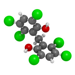 Hexachlorophene disinfectant molecule. 3D rendering. Atoms are represented as spheres with conventional color coding: hydrogen (white), carbon (grey), oxygen (red), chlorine (green).