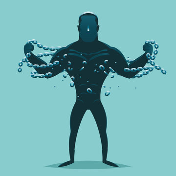 Super hero release breaking chains liberation cartoon silhouette design concept vector illustration