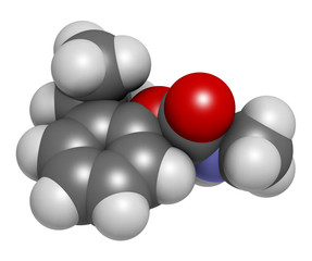 Isoprocarb insecticide molecule. 3D rendering. Atoms are represented as spheres with conventional color coding: hydrogen (white), carbon (grey), oxygen (red), nitrogen (blue).