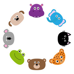 Cat, jaguar, dog, hippopotamus, elephant, bear, frog, koala. Round circle frame. Zoo animal head face. Cute cartoon character set. Baby children education. Flat design White background Isolated