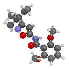 Isoxaben herbicide molecule. 3D rendering. Atoms are represented as spheres with conventional color coding: hydrogen (white), carbon (grey), nitrogen (blue), oxygen (red).