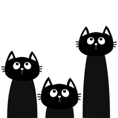 Three black cat set looking up. Friends forever. Cute cartoon character. Kawaii animal. Love Greeting card. Flat design style. White background. Isolated.
