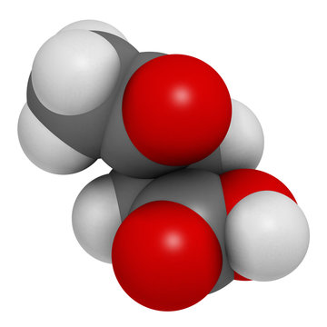 Levulinic acid molecule. Made by degradation of cellulose, potential precursor to biofuels. 3D rendering. Atoms are represented as spheres.