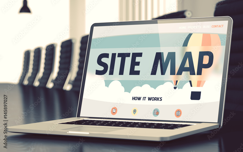 Poster site map concept. closeup landing page on mobile computer display on background of meeting hall in m
