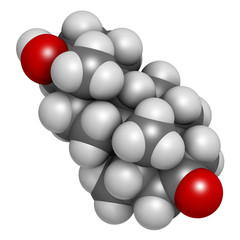 Mesterolone androgen molecule. 3D rendering. Atoms are represented as spheres with conventional color coding: hydrogen (white), carbon (grey), oxygen (red).