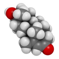 Metenolone anabolic steroid molecule. Used (banned) in sports doping. 3D rendering. Atoms are represented as spheres with conventional color coding: hydrogen (white), carbon (grey), oxygen (red).