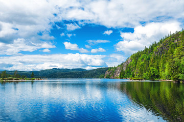 The Norwegian landscape with a boat on lake against mountains