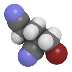 Methyldibromo glutaronitrile preservative molecule. Common allergen causing allergic contact dermatitis. 3D rendering. Atoms are represented as spheres with conventional color coding.
