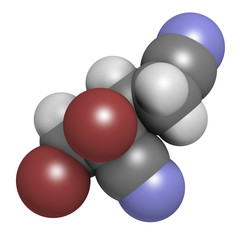 Methyldibromo glutaronitrile preservative molecule. Common allergen causing allergic contact dermatitis. 3D rendering. Atoms are represented as spheres with conventional color coding.