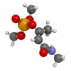 Monocrotophos organophosphate insecticide molecule. Also known to be persistent organic pollutant. 3D rendering. Atoms are represented as spheres with conventional color coding.