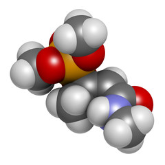 Monocrotophos organophosphate insecticide molecule. Also known to be persistent organic pollutant. 3D rendering. Atoms are represented as spheres with conventional color coding.