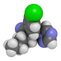 Myclobutanil antifungal molecule (triazole class). 3D rendering. Atoms are represented as spheres with conventional color coding: hydrogen (white), carbon (grey), nitrogen (blue), chlorine (green).