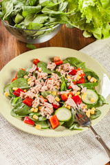 Fresh spinach salad with tuna, cucumber, corn, and red paprika o