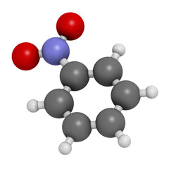 Nitrobenzene solvent molecule. 3D rendering. Atoms are represented as spheres with conventional color coding: hydrogen (white), carbon (grey), oxygen (red), nitrogen (blue).