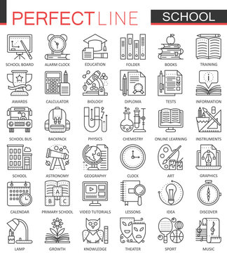 School education outline concept symbols. Perfect thin line icons. Modern stroke linear style illustrations set.