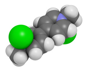 Paraquat herbicide molecule 3D rendering. Atoms are represented as spheres with conventional color coding: hydrogen (white), carbon (grey), nitrogen (blue).