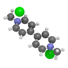 Paraquat herbicide molecule 3D rendering. Atoms are represented as spheres with conventional color coding: hydrogen (white), carbon (grey), nitrogen (blue).