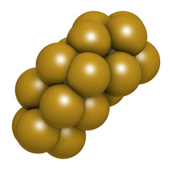 Perfluorooctane molecule. 3D rendering. Atoms are represented as spheres with conventional color coding: hydrogen (white), carbon (grey), fluorine (gold).